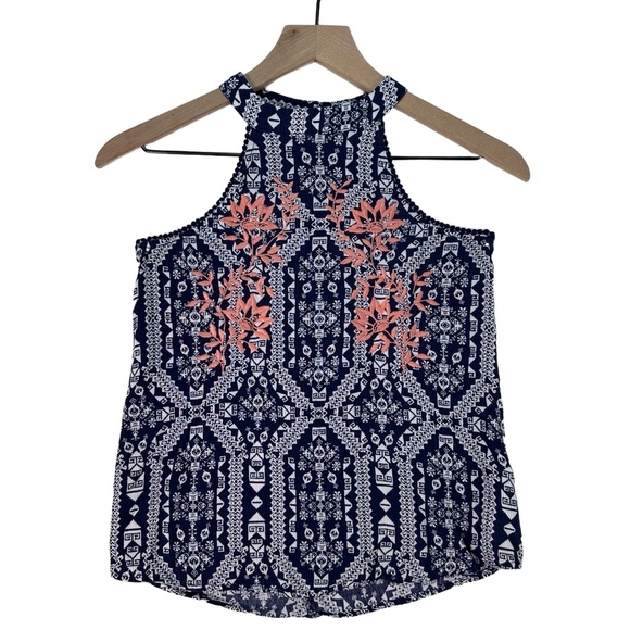 Xhilaration Navy Blue Geometric Coral Floral Embroidery Sleeveless Halter Top XS - Picture 1 of 12